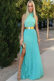 Chiffon Halter Front Split Simple Cheap Long Prom Dresses HZ0527