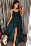 Dark Green Spaghetti Straps Split Lace Long Prom Dress HZ0527