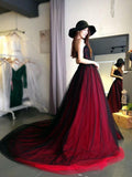Burgundy Lace Tulle A Line Strapless Long Prom Dress HZ0527