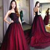 Burgundy Lace Tulle A Line Strapless Long Prom Dress HZ0527