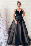 Promfast Spaghetti Straps Black V Neck Backless Tulle Prom Dresses With Applique HZ0527