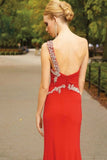 Front Split One Shoulder Red Beading Long Backless Prom Dresses HZ0527