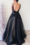Promfast Spaghetti Straps Black V Neck Backless Tulle Prom Dresses With Applique HZ0527
