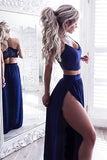 Two Piece Royal Blue V-Neck Floor-Length Sexy Prom Dresses with Lace HZ0527