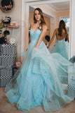 Light Blue Backless Prom Gown Spaghetti-straps Tulle Tiered Dance Dress HZ0527