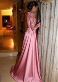 Gorgeous Satin Jewel A-Line Long Sleeves Pink Prom Dresses With Lace Appliques HZ0527
