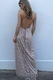 Sexy A-Line Spaghetti Straps Criss-Cross Pearl Pink Lace Prom Dress With Slit HZ0527