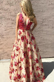 Beautiful V neck Beaded Long A-line Red Floral Prom Dress HZ0527
