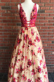 Beautiful V neck Beaded Long A-line Red Floral Prom Dress HZ0527