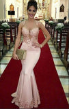 Vestido De Festa 2025 prom vestidos Lace Sereia Vestido Longo de Cetim Rosa Prom Vestido Sexy Sheer O pesco?o Apliques de Festa vestidos HZ0527