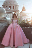 Pink Off the Shoulder Ball Gown Lace Appliques Satin Prom Dress HZ0527
