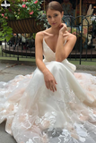 Promfast Tulle V Neck Embroidery Long Spaghetti Straps Wedding Dresses, Bridal Dresses HZ0527