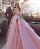 Pink Off the Shoulder Ball Gown Lace Appliques Satin Prom Dress HZ0527
