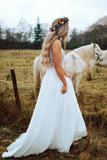 Promfast A line Spaghetti Straps White Beach Wedding Dress Beading Wedding Gowns HZ0527