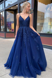 Promfast A Line V neck Lace Navy Blue Tulle Long Prom Dresses, Evening Dress HZ0527
