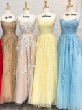 Promfast A Line Tulle Yellow Spaghetti Straps Prom Dresses with Appliques, Party Dress HZ0527