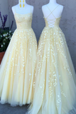 Promfast A Line Tulle Yellow Spaghetti Straps Prom Dresses with Appliques, Party Dress HZ0527