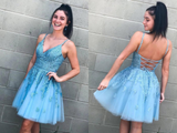 Promfast A Line V Neck Lace Appliques Tulle Sky Blue Homecoming Dress, Short Prom Dress With Straps HZ0527