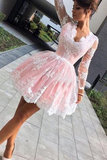 Promfast Cute A line Long Sleeves Pink Short Lace Appliques V Neck Homecoming Dress HZ0527