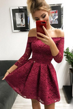 Promfast Cute Off the Shoulder Long Sleeves Burgundy Lace Homecoming Dresses Sweet 16 Dresses HZ0527