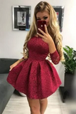 Promfast Cute Off the Shoulder Long Sleeves Burgundy Lace Homecoming Dresses Sweet 16 Dresses HZ0527
