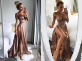 Promfast Brown Satin Thigh High Slit Deep V Neck Spaghetti Straps Long A Line Prom Dresses HZ0527