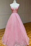 Promfast Chic A line Spaghetti Straps Sparkly Prom Dress Tulle Evening Dress HZ0527