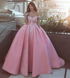 Pink Off the Shoulder Ball Gown Lace Appliques Satin Prom Dress HZ0527