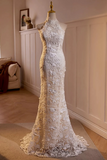 Lovely Lace Mermaid Halter Open Back Wedding Party Dress, Lace Long Formal Dress HZ0527
