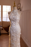 Lovely Lace Mermaid Halter Open Back Wedding Party Dress, Lace Long Formal Dress HZ0527
