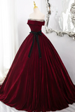 Burgundy Velvet Long Formal Dress, Off the Shoulder Evening Party Dress HZ0527