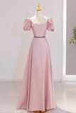 Pink Satin Short Sleeves A Line Party Dress, Pink Satin Prom Dress HZ0527