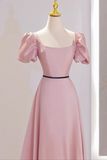 Pink Satin Short Sleeves A Line Party Dress, Pink Satin Prom Dress HZ0527