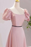 Pink Satin Short Sleeves A Line Party Dress, Pink Satin Prom Dress HZ0527
