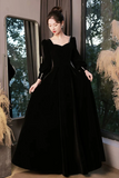 Black Velvet Long Sleeve Party Dress, A Line Floor Length Formal Evening Dress HZ0527