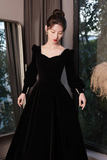 Black Velvet Long Sleeve Party Dress, A Line Floor Length Formal Evening Dress HZ0527