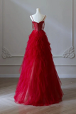 Red Sweetheart Tulle Layers Beaded Straps Prom Dress, Floor Length Party Dress HZ0527