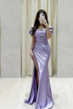 Purple Satin Off Shoulder Floor Length Prom Dress, Purple Sweetheart Formal Dress HZ0527