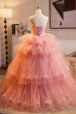Pink Sweetheart Tulle Ball Gown Long Party Dress, Pink Tulle Prom Dress HZ0527