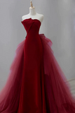 Wine Red Satin and Tulle Long Party Dress, Strapless Formal Dress HZ0527
