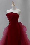 Wine Red Satin and Tulle Long Party Dress, Strapless Formal Dress HZ0527