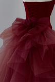 Wine Red Satin and Tulle Long Party Dress, Strapless Formal Dress HZ0527