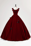 Burgundy Velvet Floor Length Prom Dress, A Line Evening Party Dress with Flowers HZ0527