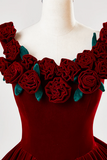Burgundy Velvet Floor Length Prom Dress, A Line Evening Party Dress with Flowers HZ0527