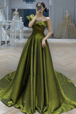 Dark Green One Shoulder Satin Floor Length Party Dress, Dark Green Prom Dress HZ0527