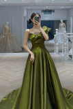 Dark Green One Shoulder Satin Floor Length Party Dress, Dark Green Prom Dress HZ0527