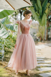 Pink Tulle and Velvet Tea Length Wedding Party Dress, Pink Formal Dress HZ0527