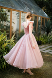 Pink Tulle and Velvet Tea Length Wedding Party Dress, Pink Formal Dress HZ0527