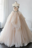 Champagne Strapless Ball Gown With Floral Embellished Bodice, Tulle Wedding Party Dress HZ0527