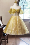 A Line Floral Tulle Knee Length Prom Dress, Sweetheart Off Shoulder Homecoming Dress HZ0527